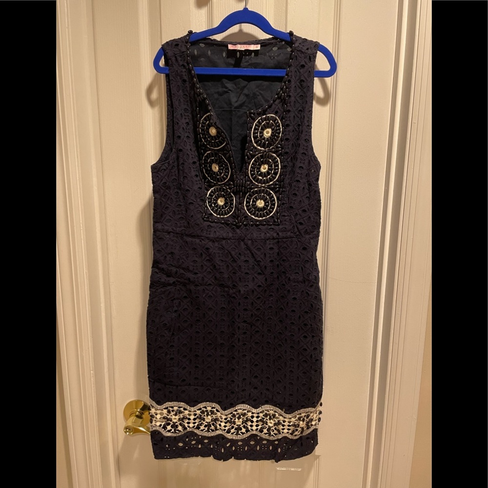 Calypso St Barth Navy Ivory Beaded Sleeveless Tank Dress Small